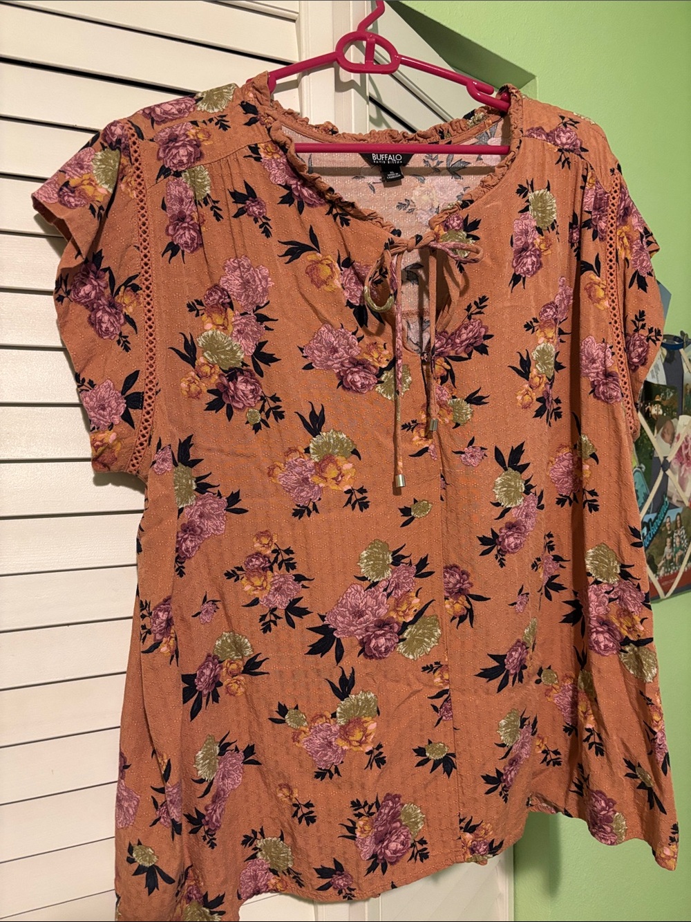 Buffalo David Bitton Rust Floral Tie-Neck Blouse with Pink and Green Accents